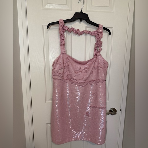 GANNI NWT pink mini party sequins dress with ruffle straps- size EU 46- US 14/16 - Picture 7 of 16